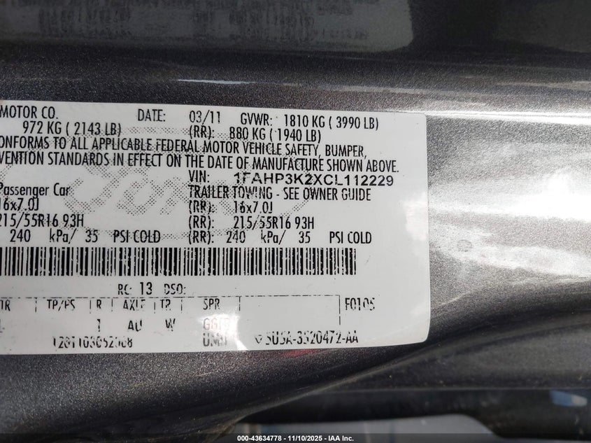 1FAHP3K2XCL112229 2012 FORD FOCUS photo no. 9