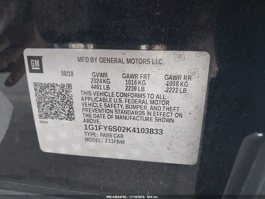 2019 Chevrolet Bolt Ev Lt VIN: 1G1FY6S02K4103833 Lot: 43634785