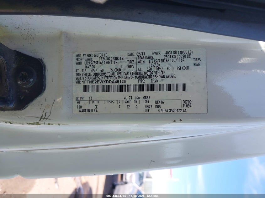 2013 Ford E-250 Commercial VIN: 1FTNE2EWXDDA46126 Lot: 43634789