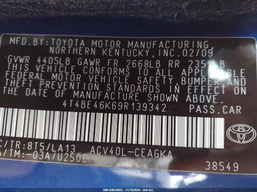 2009 Toyota Camry Xle VIN: 4T4BE46K69R139342 Lot: 43634803