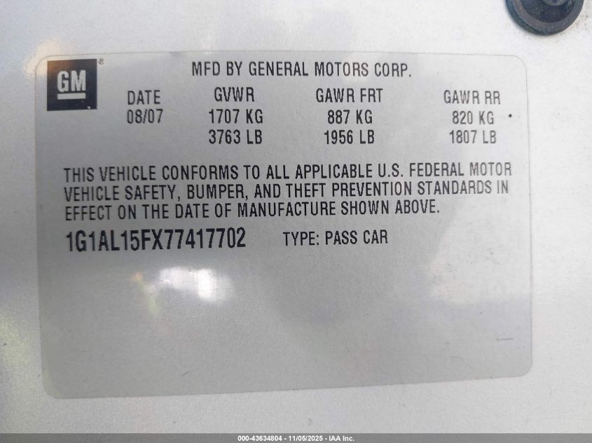 2007 Chevrolet Cobalt Lt VIN: 1G1AL15FX77417702 Lot: 43634804