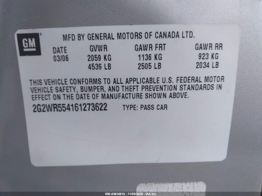 2006 Pontiac Grand Prix Gt VIN: 2G2WR554161273622 Lot: 43634810