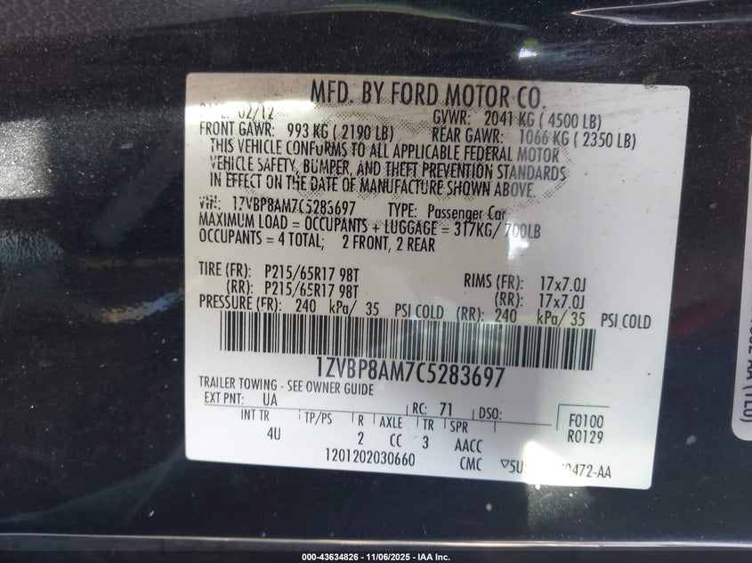 2012 Ford Mustang V6 Premium VIN: 1ZVBP8AM7C5283697 Lot: 43634826