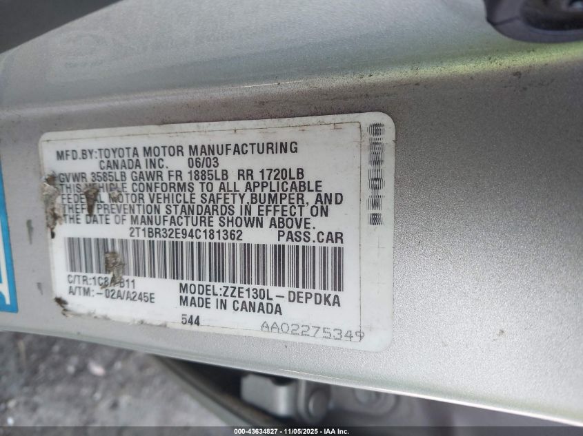 2004 Toyota Corolla Ce VIN: 2T1BR32E94C181362 Lot: 43634827