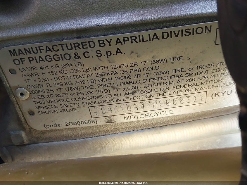 2021 Aprilia Rsv4 1100 VIN: ZD4KYUA07MS000311 Lot: 43634829