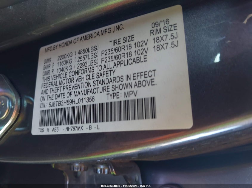 2017 Acura Rdx Technology Acurawatch Plus Packages/W/Technology Package VIN: 5J8TB3H59HL011356 Lot: 43634830