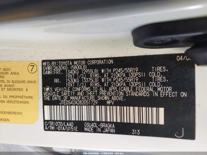 2008 Toyota Highlander Limited VIN: JTEDS42A282051729 Lot: 43634840