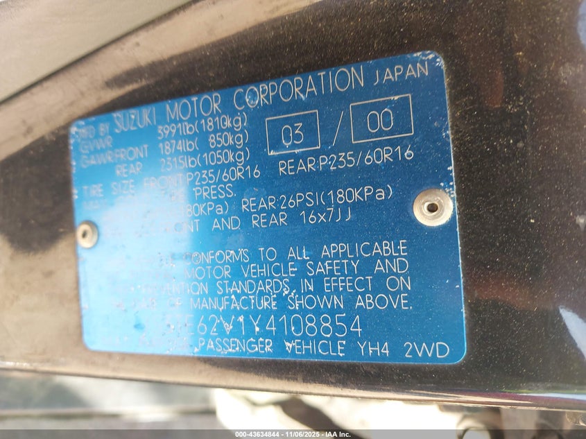 2000 Suzuki Grand Vitara Jls/Jls+/Limited VIN: JS3TE62V1Y4108854 Lot: 43634844