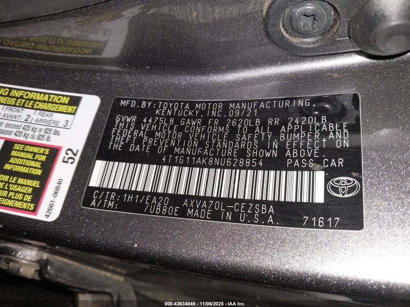 2022 TOYOTA CAMRY SE 4T1G11AK8NU628854