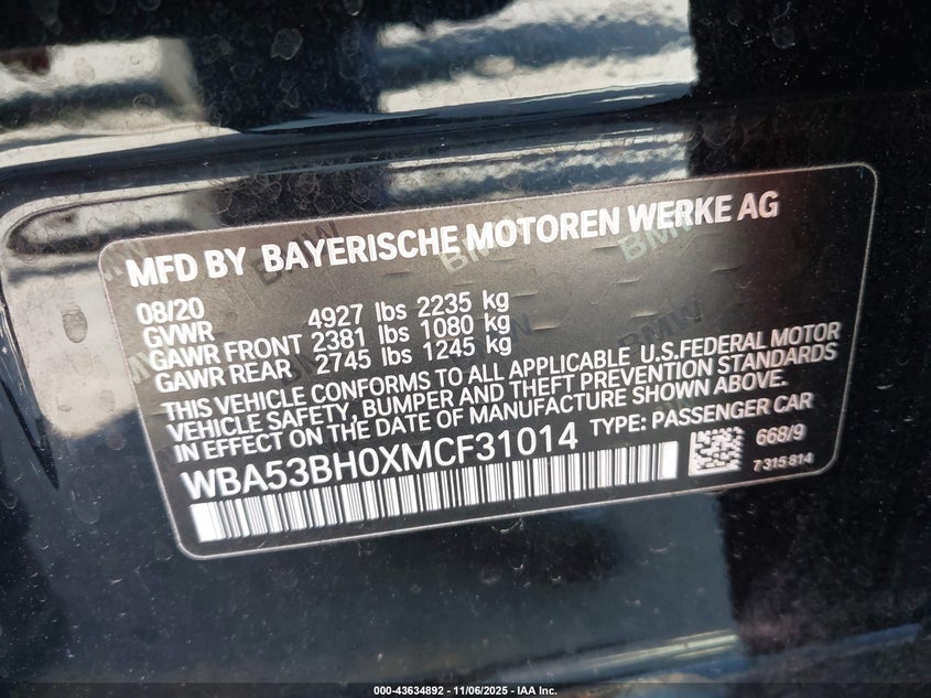 2021 BMW 530I WBA53BH0XMCF31014