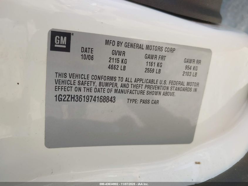 2007 Pontiac G6 Gt VIN: 1G2ZH361974168843 Lot: 43634902