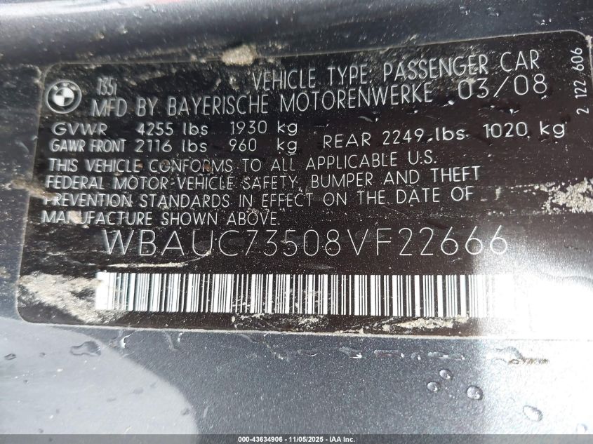 2008 BMW 135I VIN: WBAUC73508VF22666 Lot: 43634906