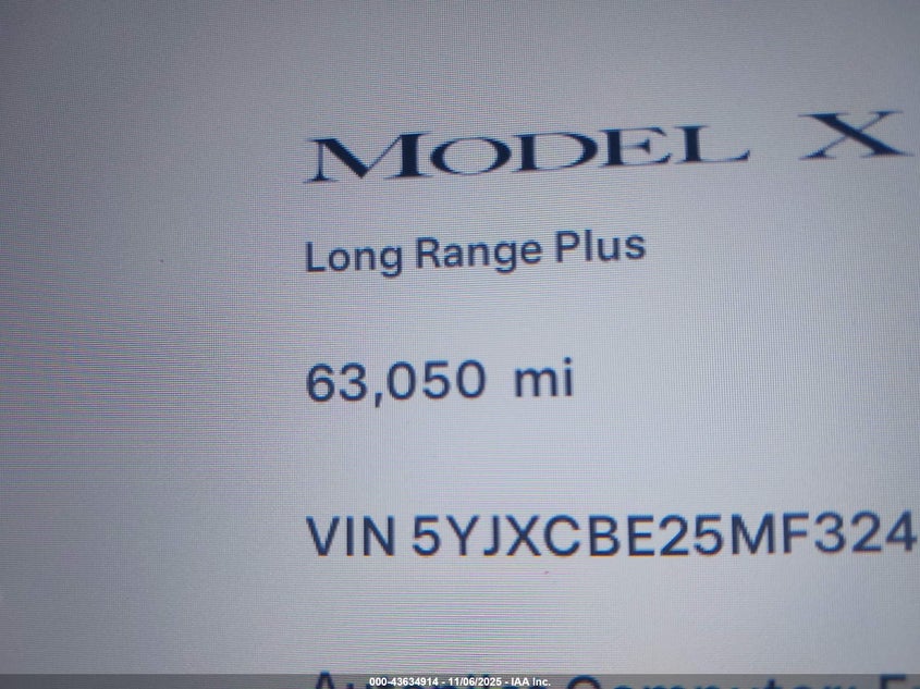 2021 Tesla Model X Long Range Dual Motor All-Wheel Drive/Long Range Plus Dual Motor All-Wheel Drive VIN: 5YJXCBE25MF324824 Lot: 43634914