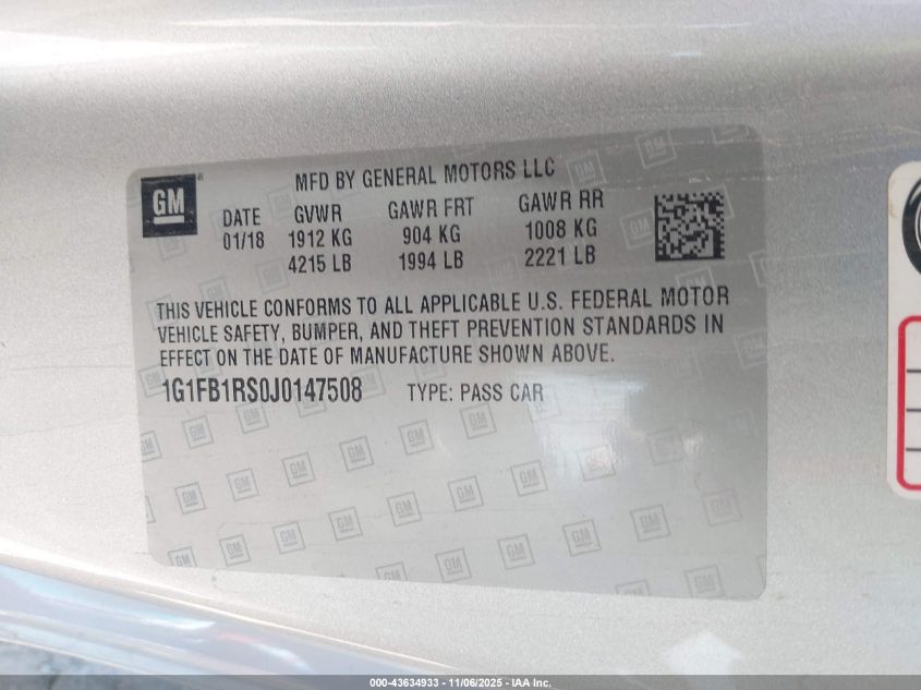 2018 Chevrolet Camaro 1Lt VIN: 1G1FB1RS0J0147508 Lot: 43634933