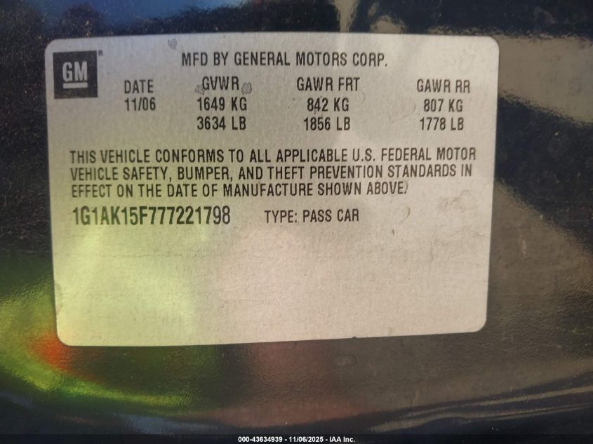 2008 Chevrolet Cobalt Ls VIN: 1G1AK18F587162389 Lot: 43634939