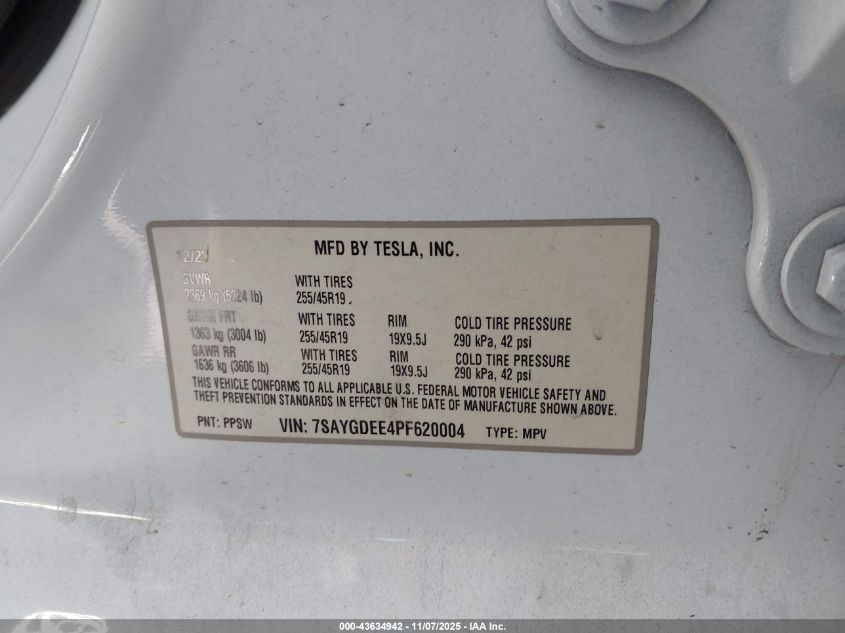 2023 Tesla Model Y Awd/Long Range Dual Motor All-Wheel Drive VIN: 7SAYGDEE4PF620004 Lot: 43634942