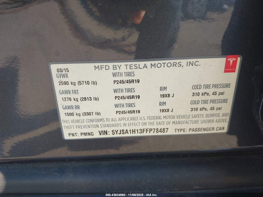 2015 TESLA MODEL S 60/70/85 5YJSA1H13FFP78487