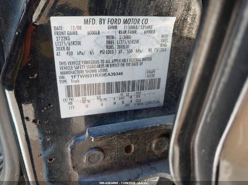 2009 Ford F-350 Fx4/Harley-Davidson/King Ranch/Lariat/Xl/Xlt VIN: 1FTWW31RX9EA39346 Lot: 43634980