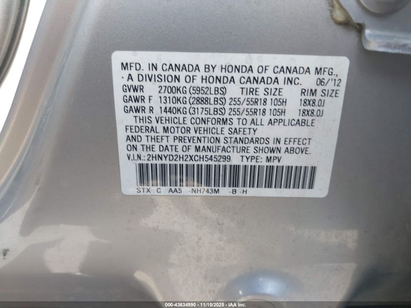 2012 Acura Mdx VIN: 2HNYD2H2XCH545299 Lot: 43634990