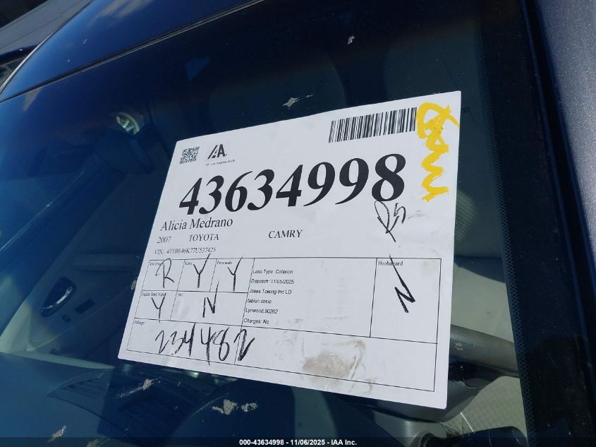 2007 Toyota Camry Le VIN: 4T1BE46K77U537425 Lot: 43634998