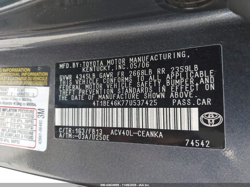 2007 Toyota Camry Le VIN: 4T1BE46K77U537425 Lot: 43634998