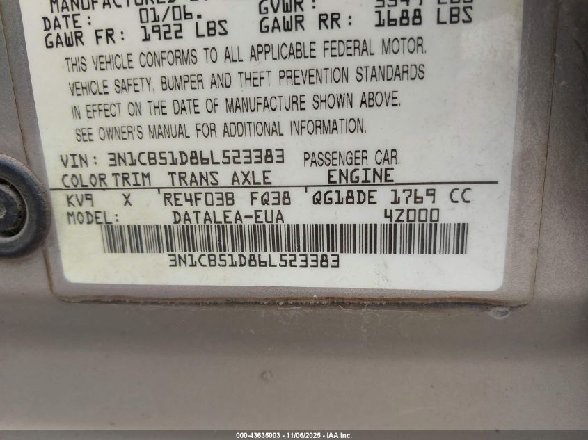 2006 Nissan Sentra 1.8S VIN: 3N1CB51D86L523383 Lot: 43635003