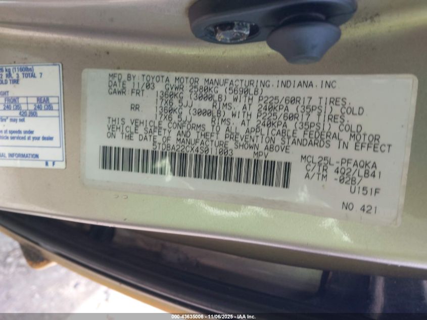 2004 Toyota Sienna Xle Limited VIN: 5TDBA22CX4S011003 Lot: 43635006