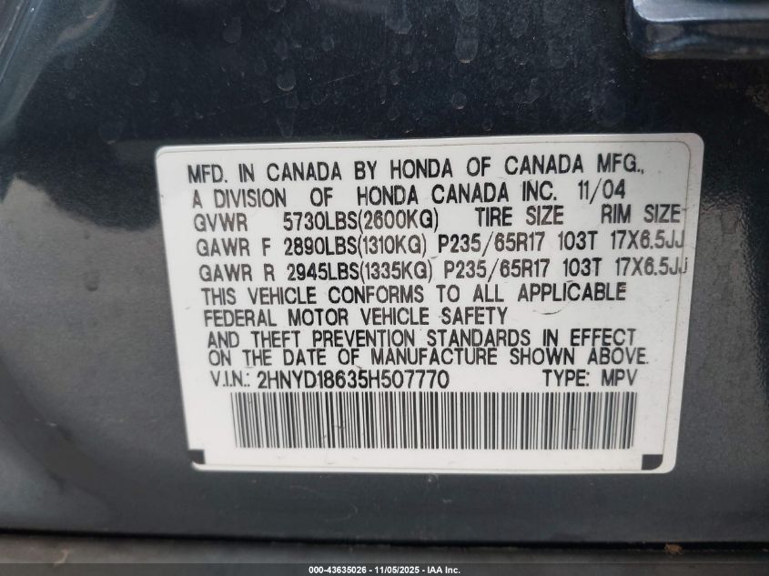 2005 Acura Mdx VIN: 2HNYD18635H507770 Lot: 43635026