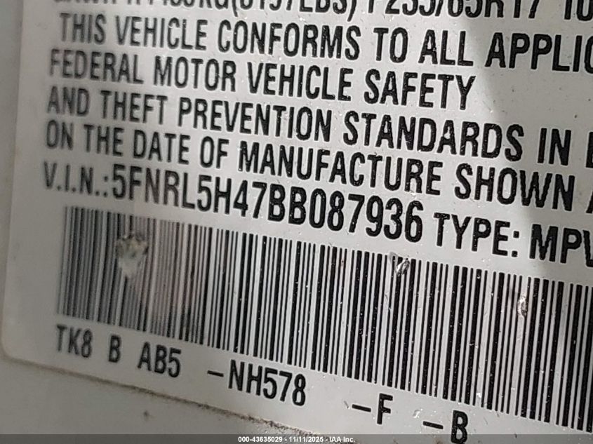 2011 Honda Odyssey Ex VIN: 5FNRL5H47BB087936 Lot: 43635029