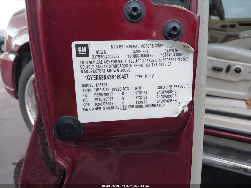 2003 Cadillac Escalade Standard VIN: 1GYEK63N43R160497 Lot: 43635036