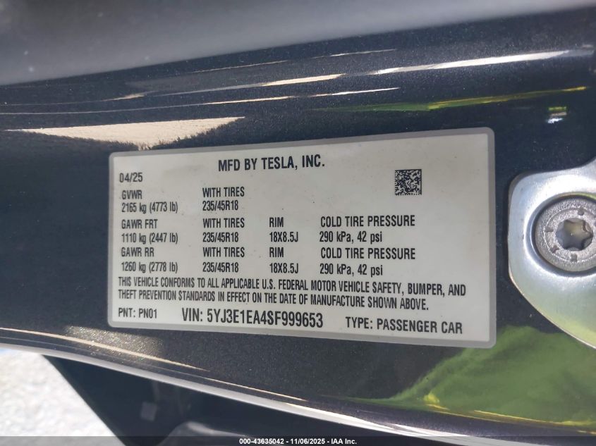 2025 Tesla Model 3 Long Range Rear-Wheel Drive/Standard VIN: 5YJ3E1EA4SF999653 Lot: 43635042
