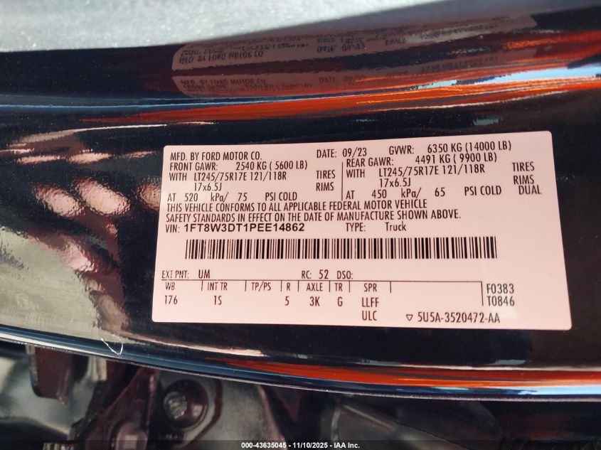 2023 Ford F-350 Xl VIN: 1FT8W3DT1PEE14862 Lot: 43635045