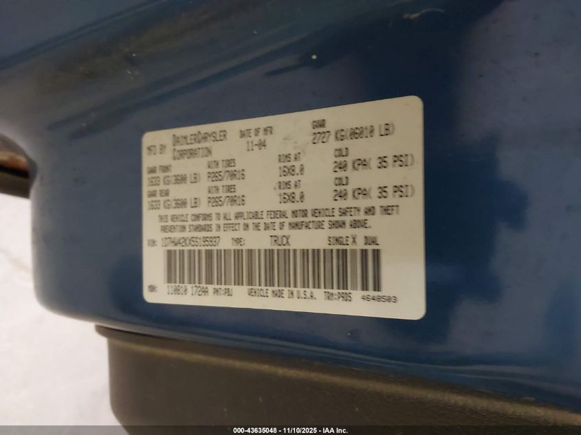 2005 Dodge Dakota Slt VIN: 1D7HW42KX5S195937 Lot: 43635048