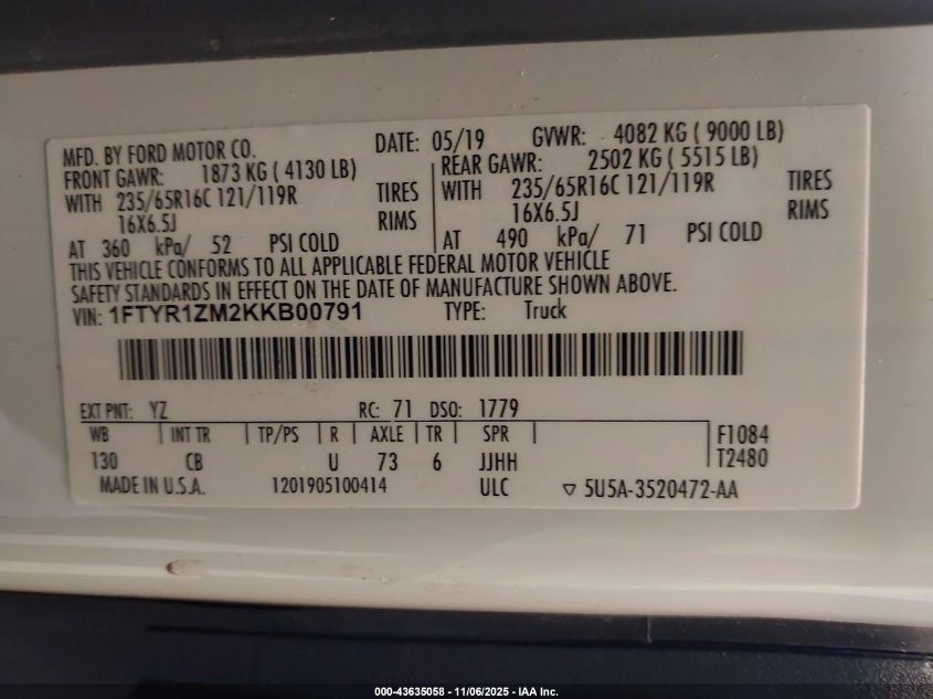 2019 Ford Transit-250 VIN: 1FTYR1ZM2KKB00791 Lot: 43635058