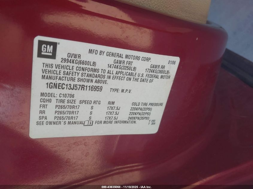 2007 Chevrolet Tahoe Ls VIN: 1GNEC13J57R116959 Lot: 43635068