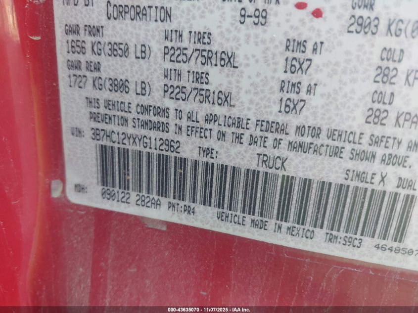 2000 Dodge Ram 1500 St VIN: 3B7HC12YXYG112962 Lot: 43635070