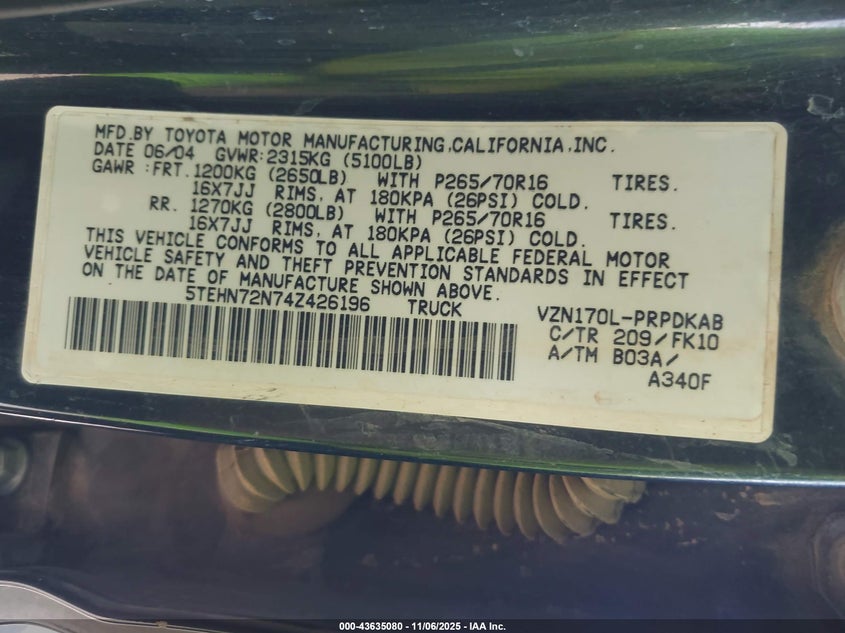 5TEHN72N74Z426196 2004 TOYOTA TACOMA photo no. 9