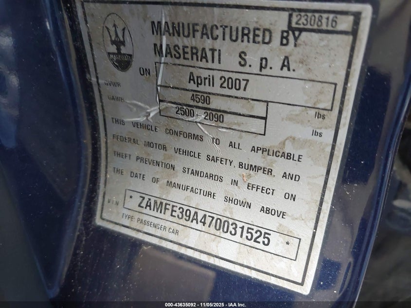 2007 Maserati Quattroporte Base Automatic/Executive Gt Automatic/Sport Gt Automatic VIN: ZAMFE39A470031525 Lot: 43635092