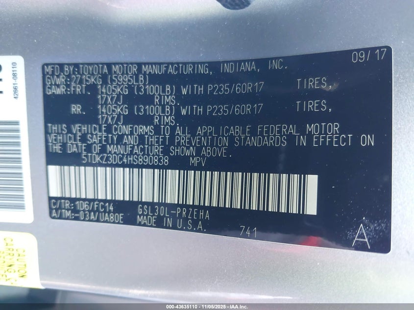 2017 TOYOTA SIENNA LE 8 PASSENGER 5TDKZ3DC4HS890838