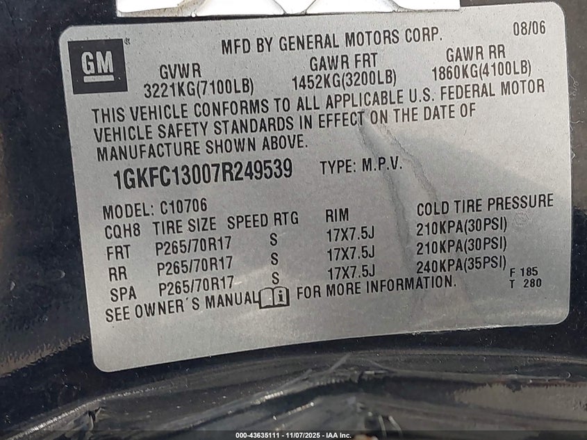2007 GMC Yukon Sle VIN: 1GKFC13007R249539 Lot: 43635111