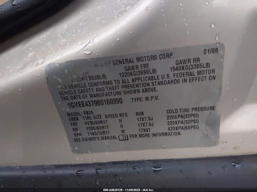 2008 Cadillac Srx V6 VIN: 1GYEE437980160990 Lot: 43635128