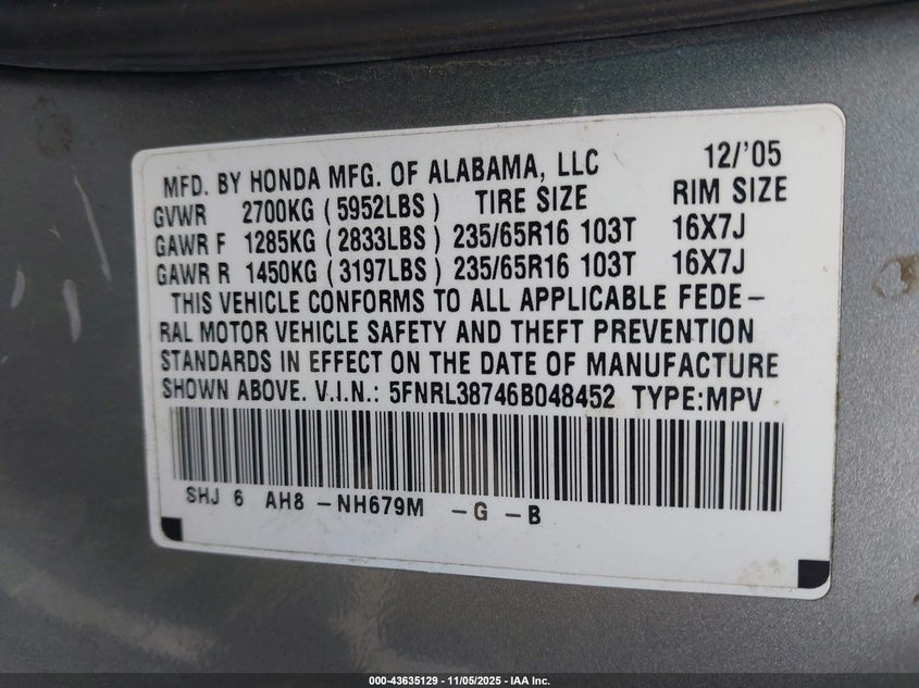 2006 Honda Odyssey Ex-L VIN: 5FNRL38746B048452 Lot: 43635129