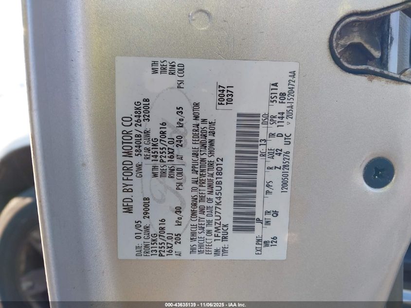 2005 Ford Explorer Sport Trac Adrenalin/Xls/Xlt VIN: 1FMZU77K45UB18012 Lot: 43635139