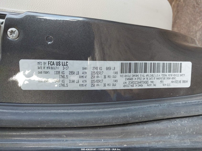 2017 Dodge Grand Caravan Sxt VIN: 2C4RDGCG0HR724365 Lot: 43635141