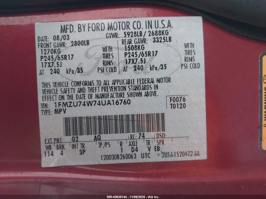 2004 Ford Explorer Eddie Bauer VIN: 1FMZU74W74UA16760 Lot: 43635144