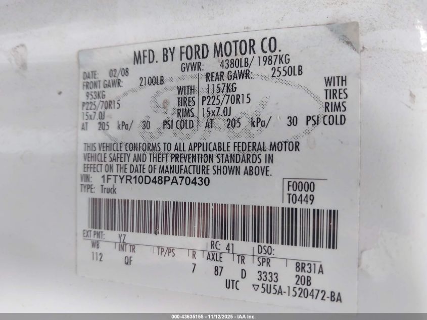 2008 Ford Ranger Xl/Xlt VIN: 1FTYR10D48PA70430 Lot: 43635155