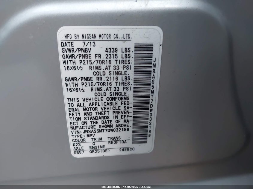 2013 NISSAN ROGUE S - JN8AS5MT7DW032189