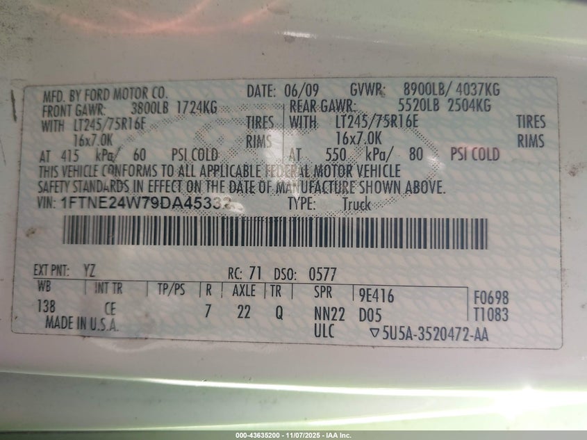 2009 Ford E-250 Commercial/Recreational VIN: 1FTNE24W79DA45332 Lot: 43635200