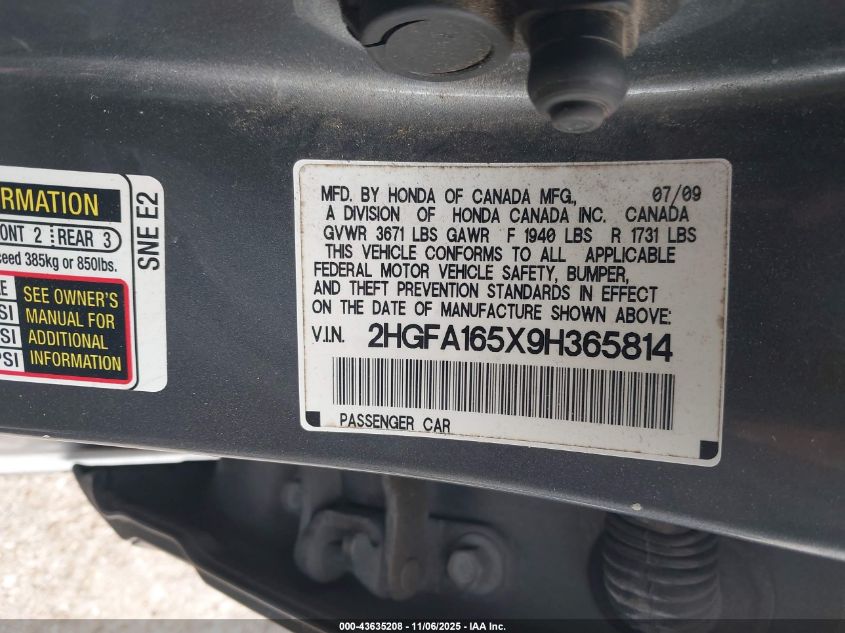 2009 Honda Civic Lx VIN: 2HGFA165X9H365814 Lot: 43635208