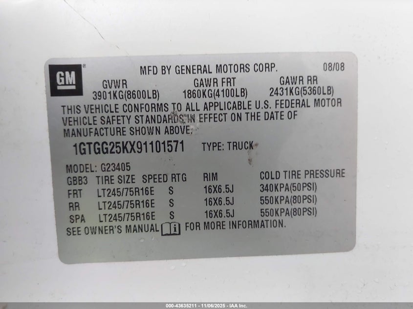 2009 GMC Savana 2500 Work Van VIN: 1GTGG25KX91101571 Lot: 43635211